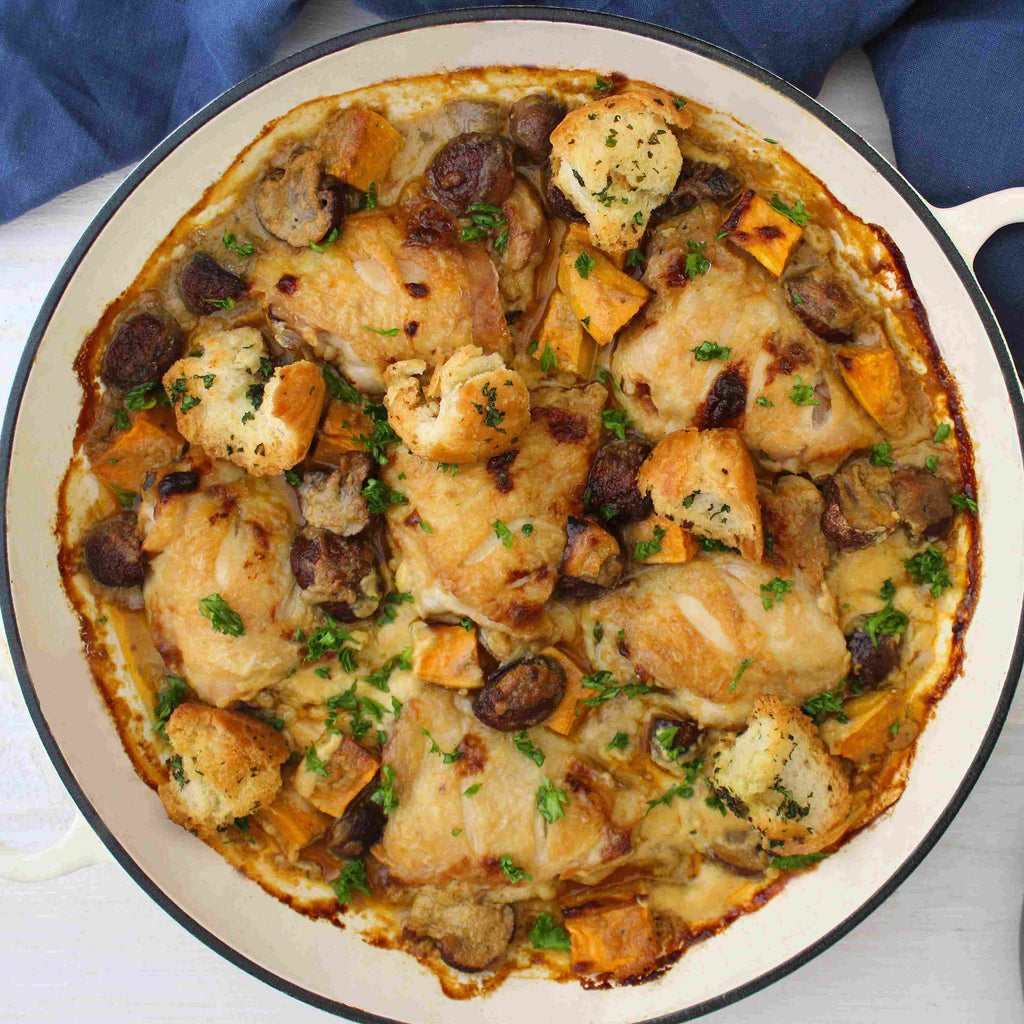 Creamy Chicken, Mushroom and Sweet Potato Korma Tray-Bake