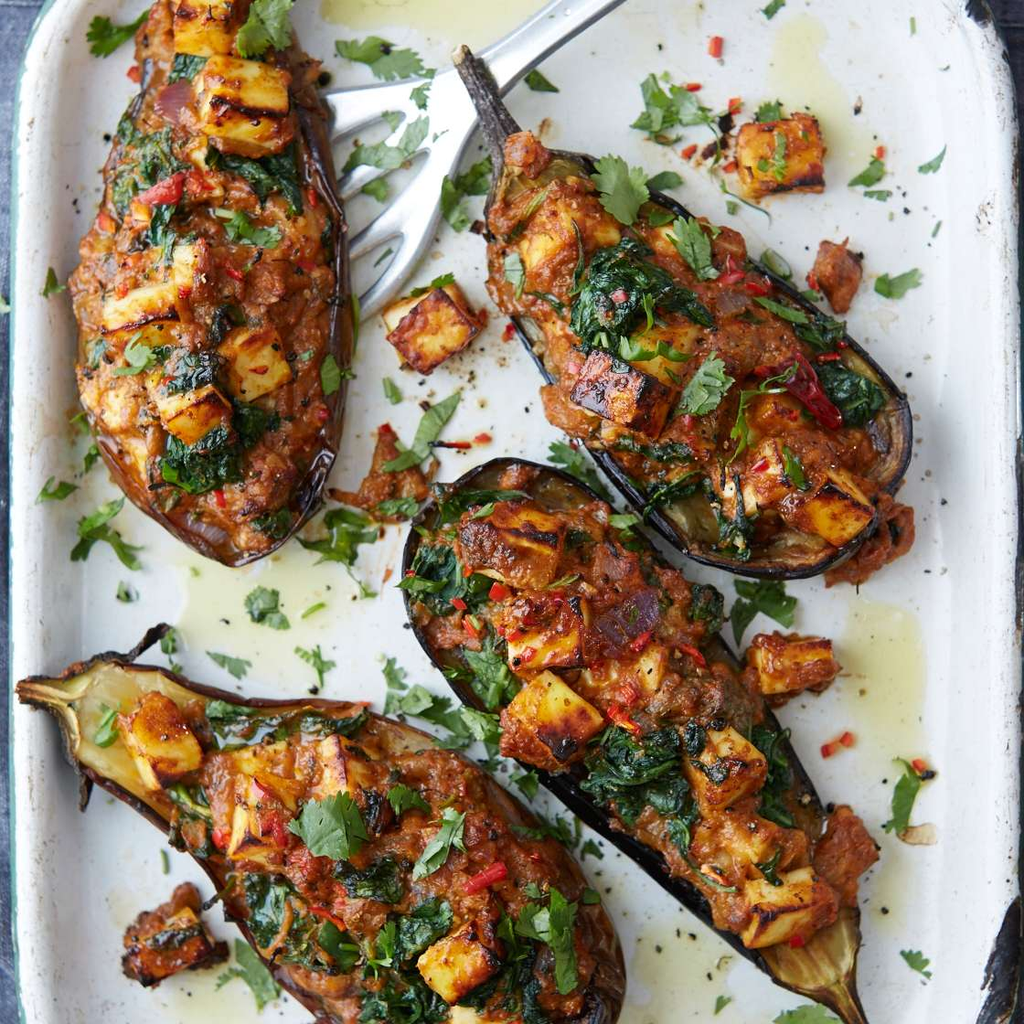 Baked Paneer and Spinach Stuffed Eggplants