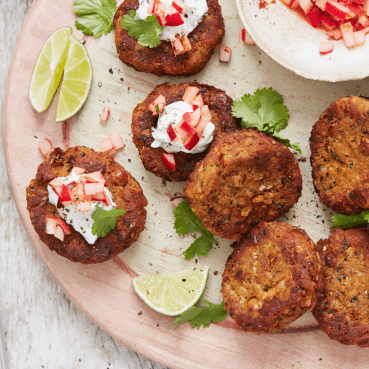 Spiced Chickpea Cakes with a Radish and Yogurt Topping