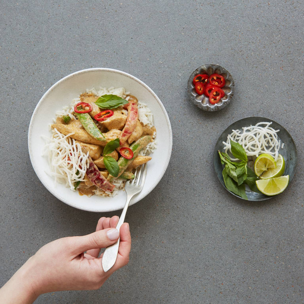 Thai Red Chicken Curry with Asian Vegetables and Crispy Rice Noodles